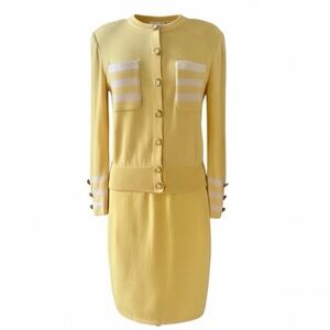 St. John Yellow with White Detail Knit Jacket and Pencil Knit Skirt Size Small